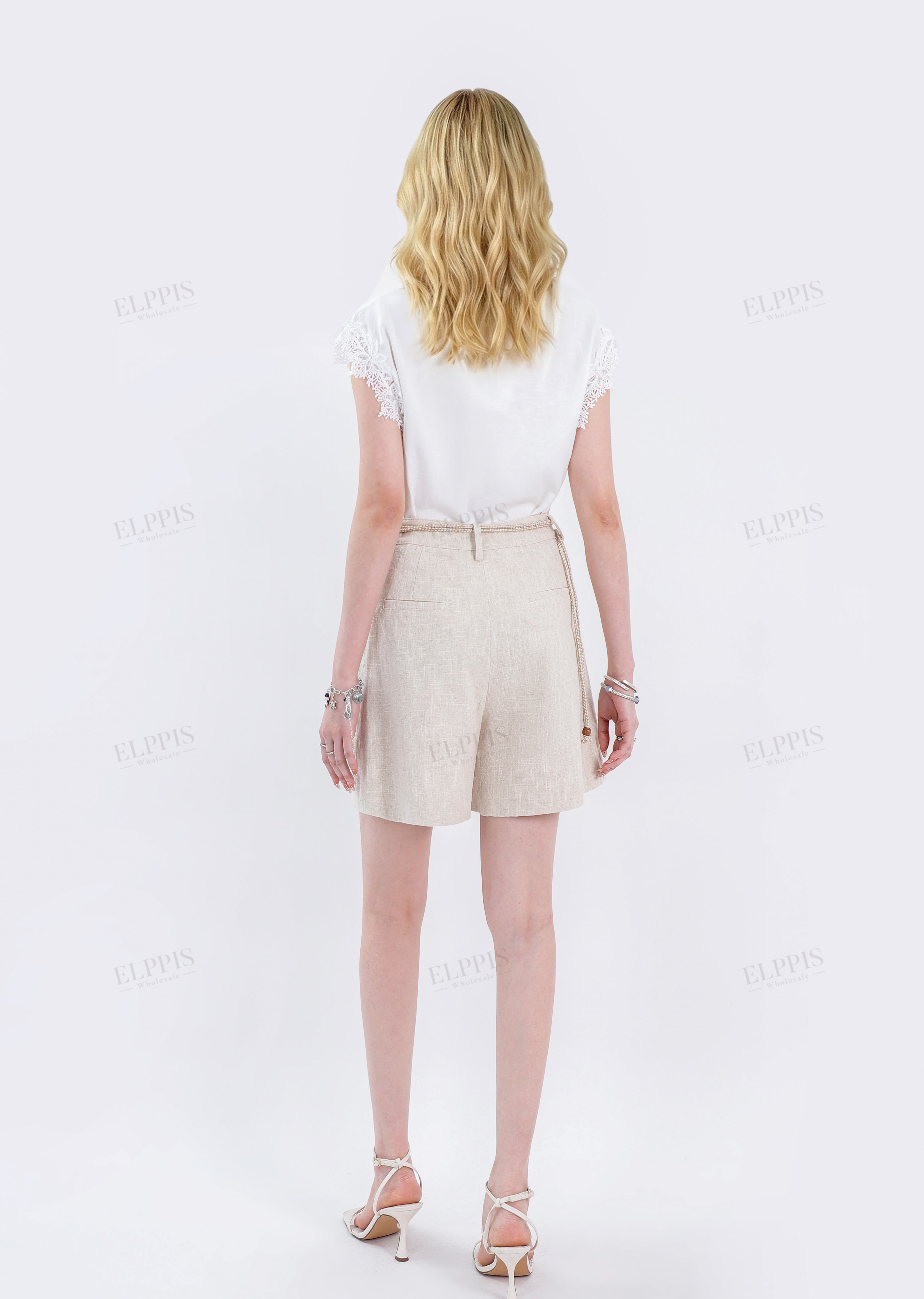 Beige Linen-Blend Shorts with Beaded Drawstring Belt