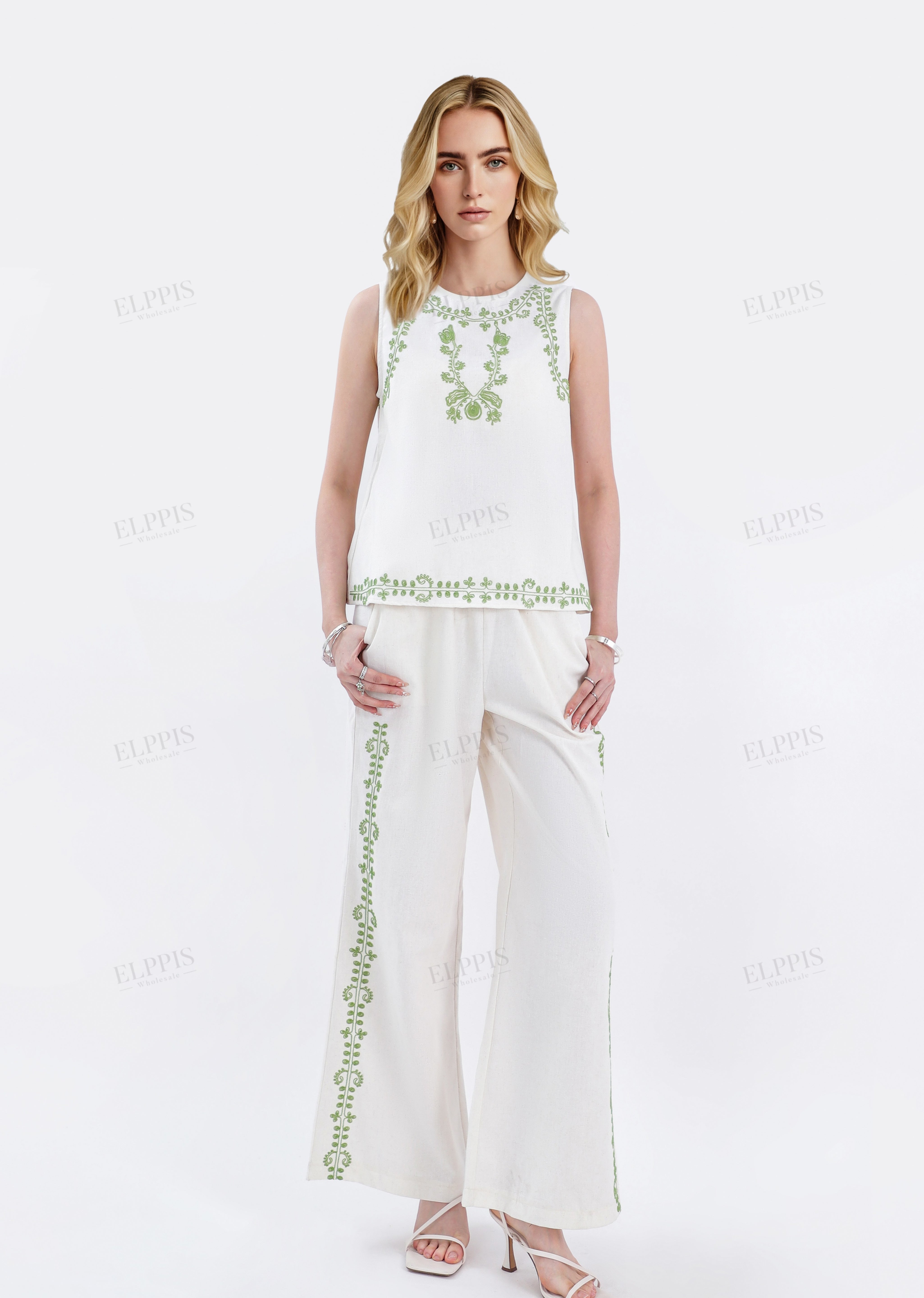 Beige Cotton-Linen Blend Embroidered Wide-Leg Pants