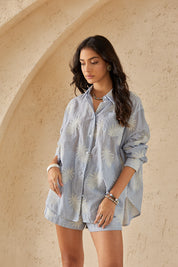 Light Blue Striped Long-Sleeve Shirt with Palm Leaf Embroidery