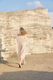 Blush Pink Sheer Midi Slip Dress with Gold Leaf Embroidery