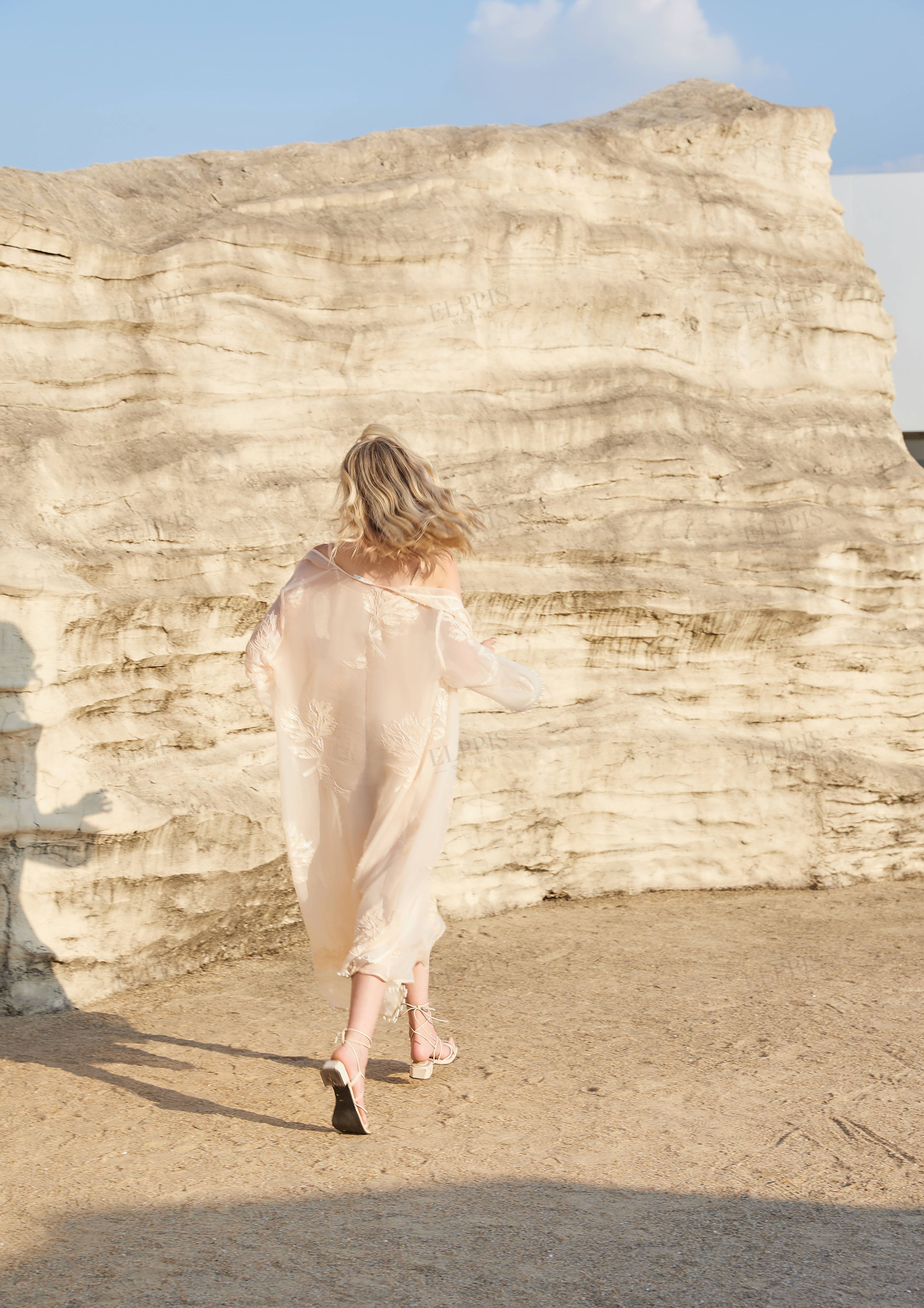 Blush Pink Sheer Midi Slip Dress with Gold Leaf Embroidery