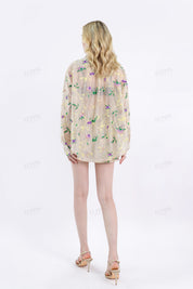 Beige Floral Embroidery Lightweight Collared Long Sleeves Blouse