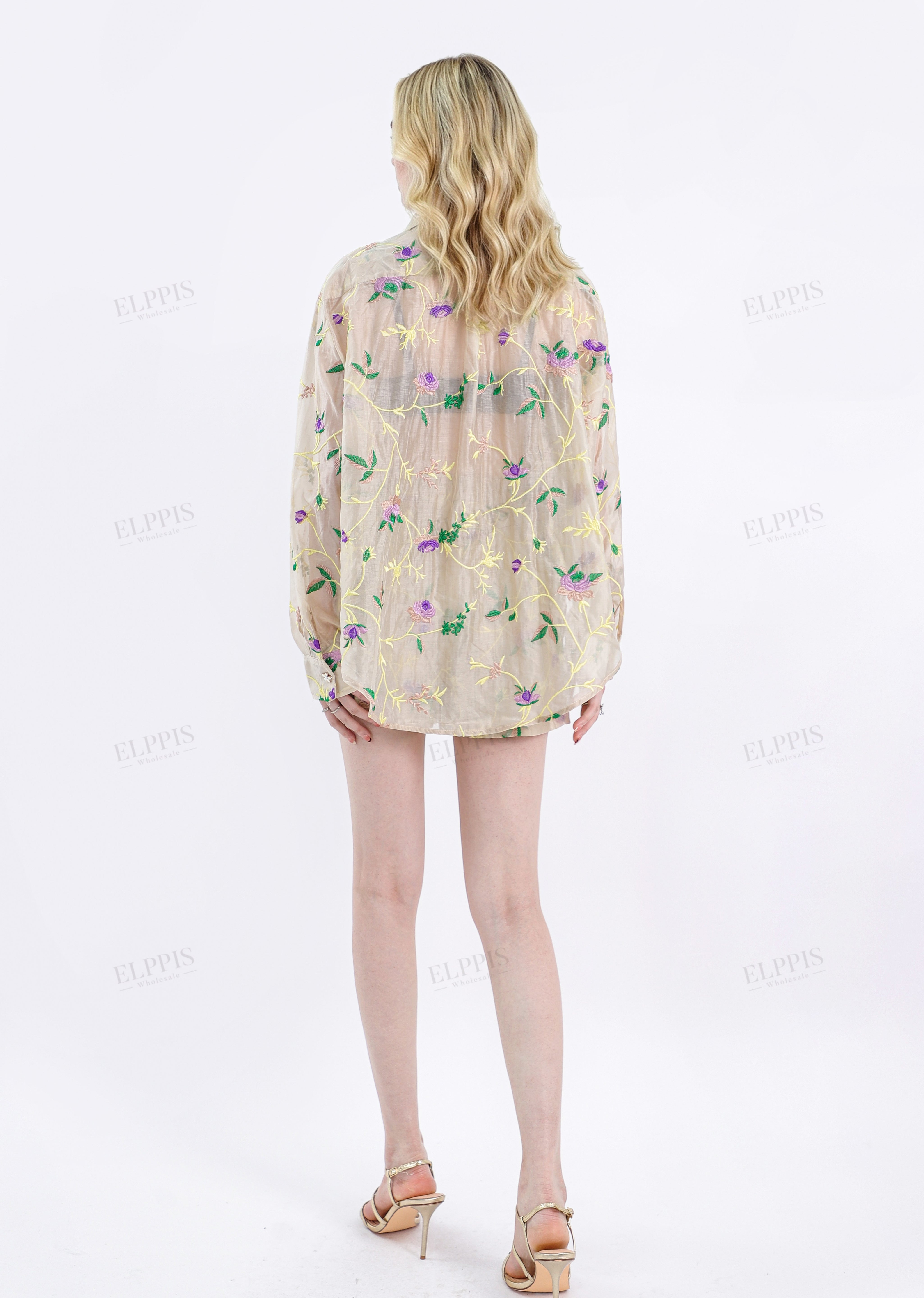 Beige Floral Embroidery Lightweight Collared Long Sleeves Blouse