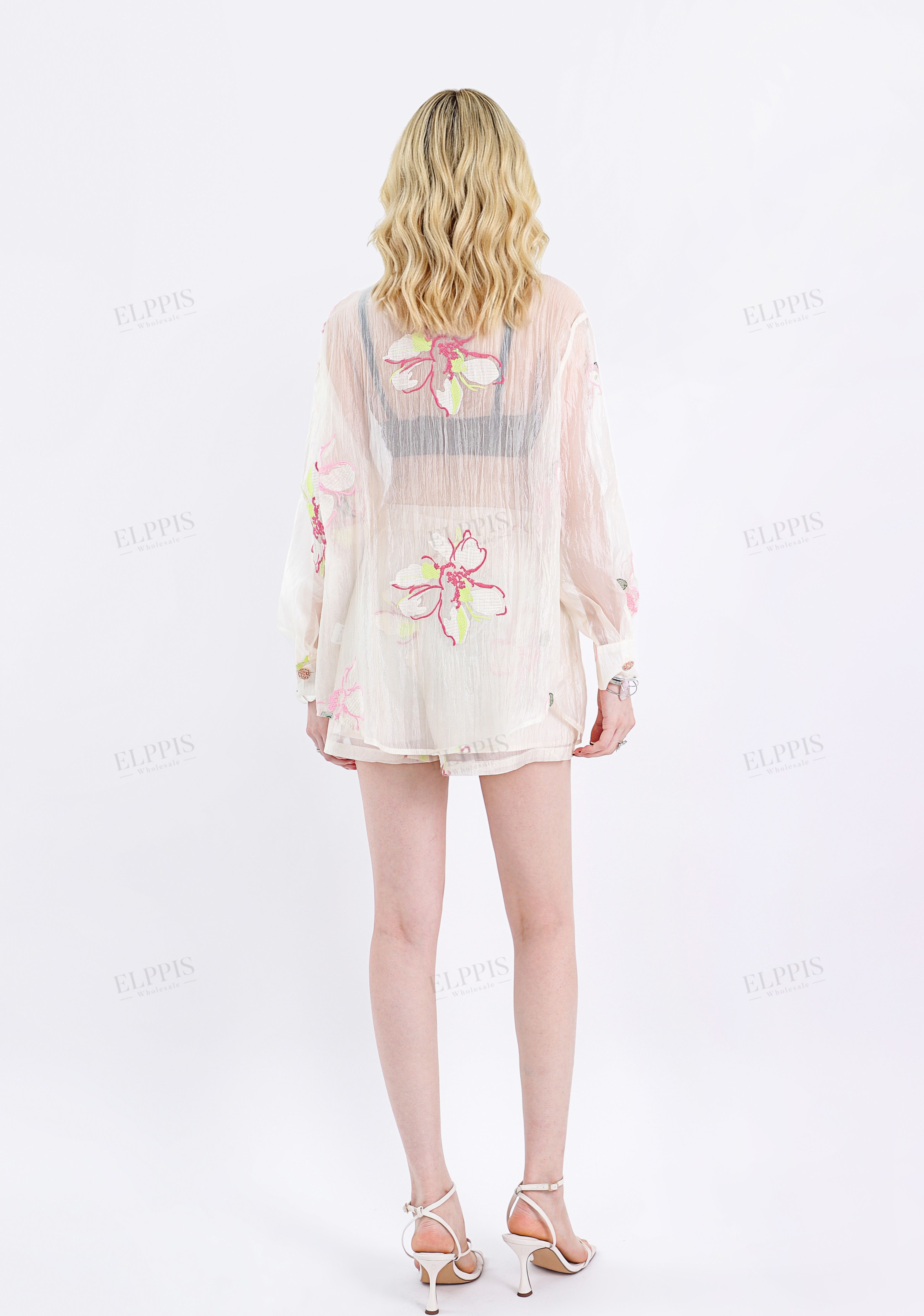 Sheer Pink Floral Embroidered Collared Long Sleeves Blouse