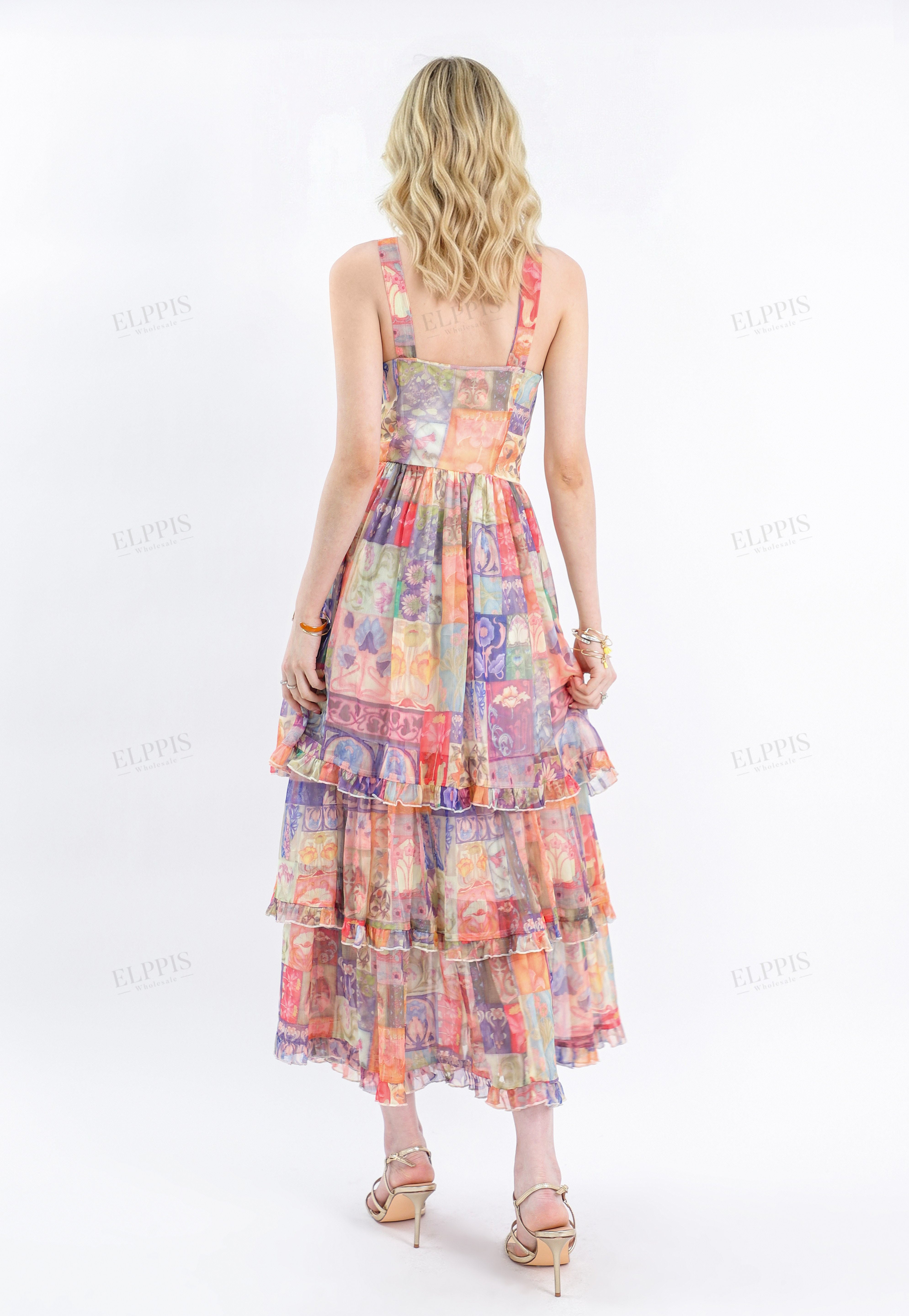 Colorful Patchwork Tiered Cami Maxi Dress