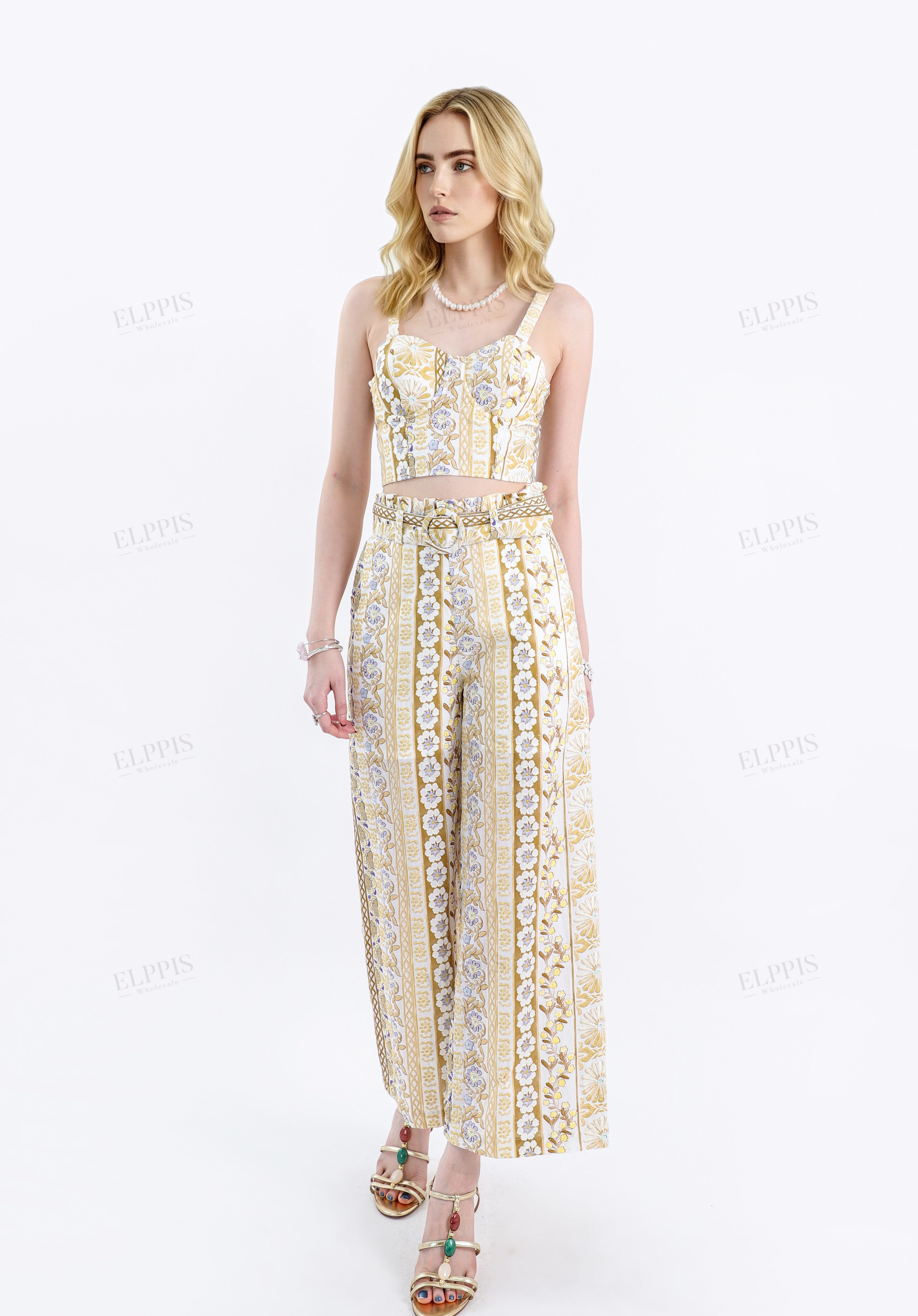 Yellow Floral Cotton High-Waisted Wide-Leg Pants