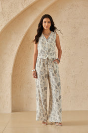 Beige Paisley Print Wide-Leg Linen Pants