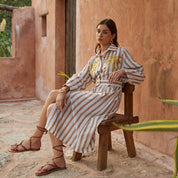 Pipe bead embroidered H-line striped long sleeve dress