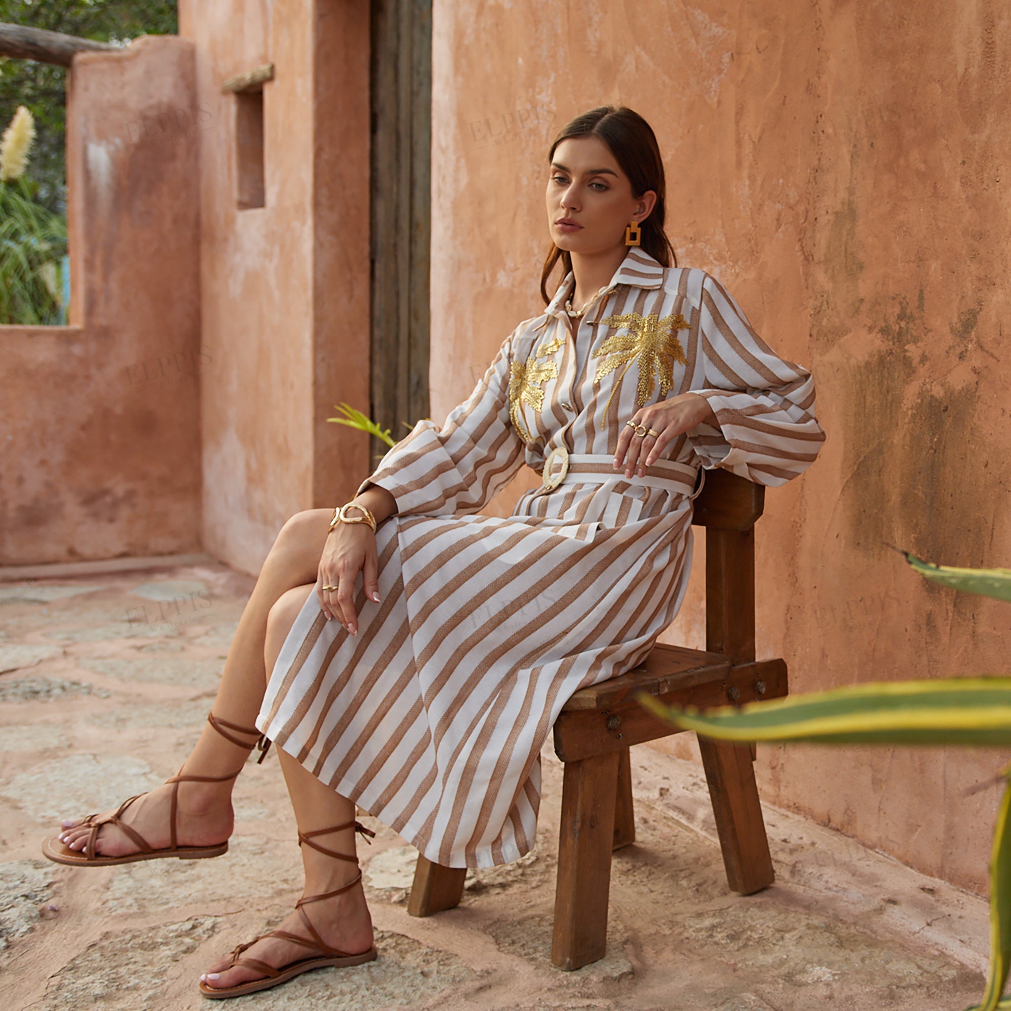 Pipe bead embroidered H-line striped long sleeve dress