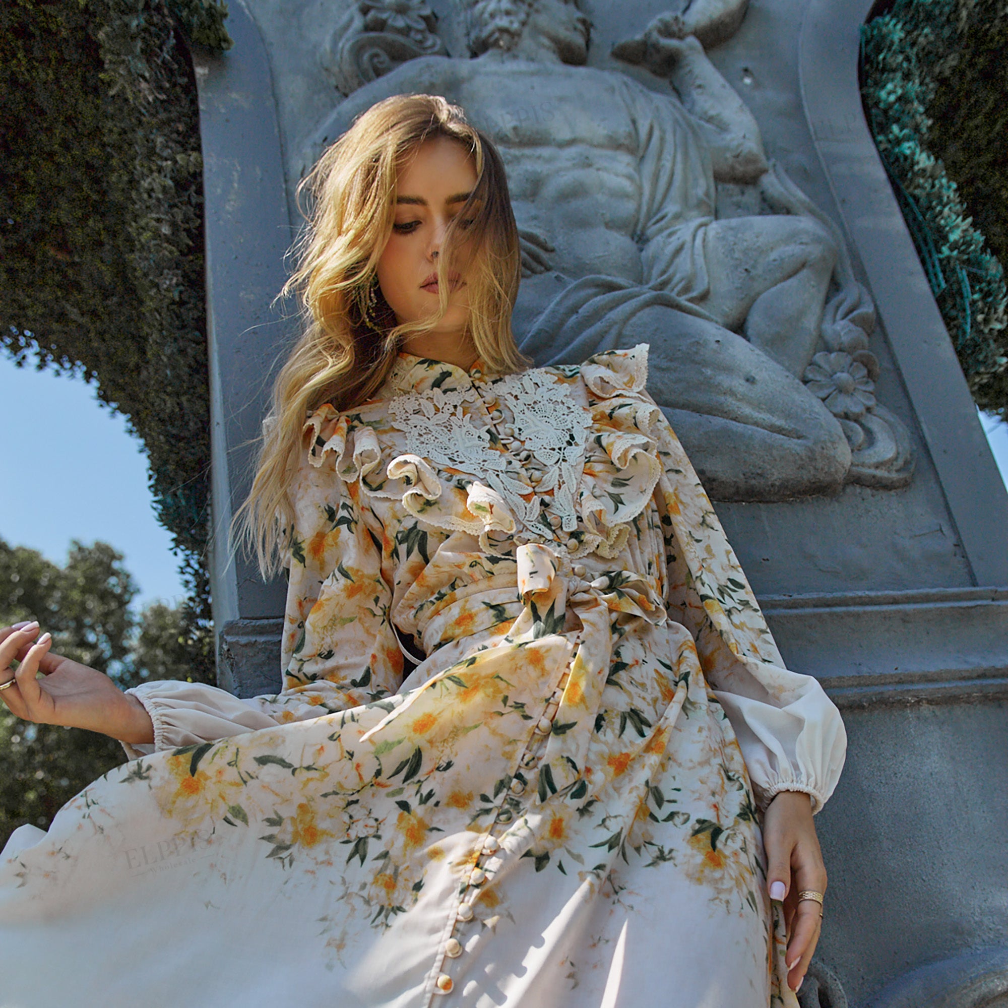 Placement printed patchwork hollow lace ruffle collar long sleeve maxi dress