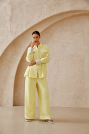 Pale Yellow Linen-Blend Wide-Leg Cropped Pants