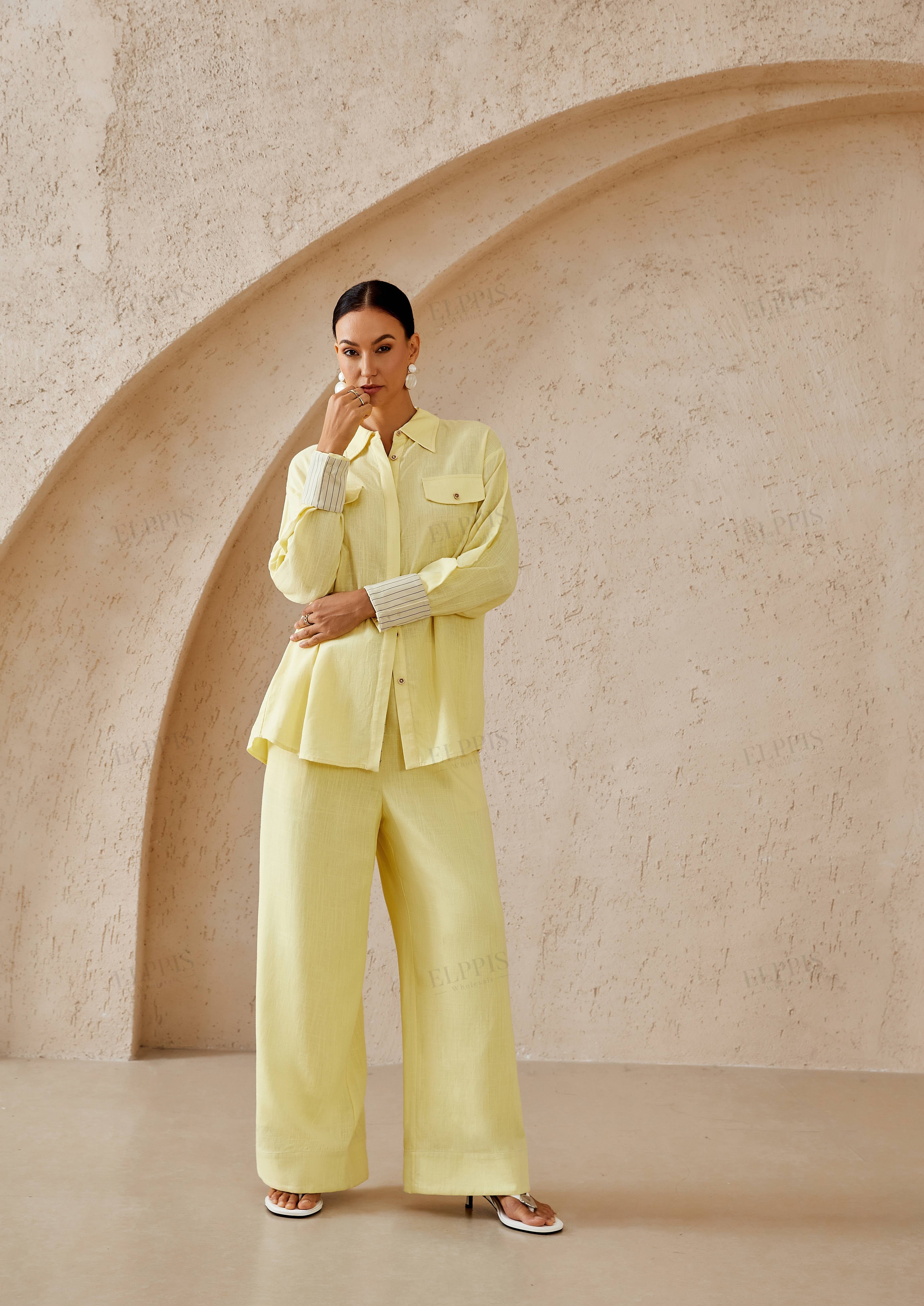 Pale Yellow Linen-Blend Wide-Leg Cropped Pants