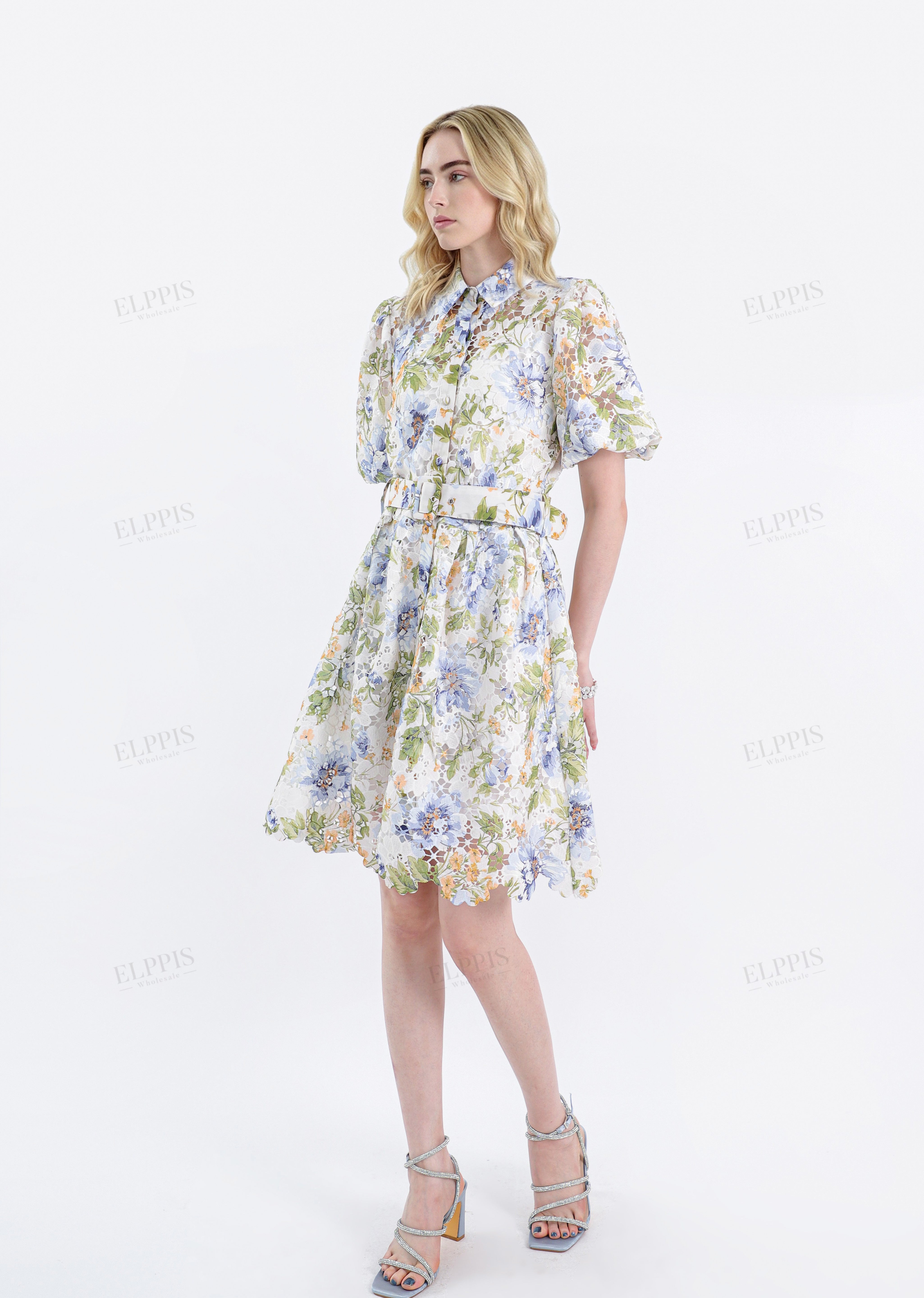Belted Lace Floral Shirt Dress