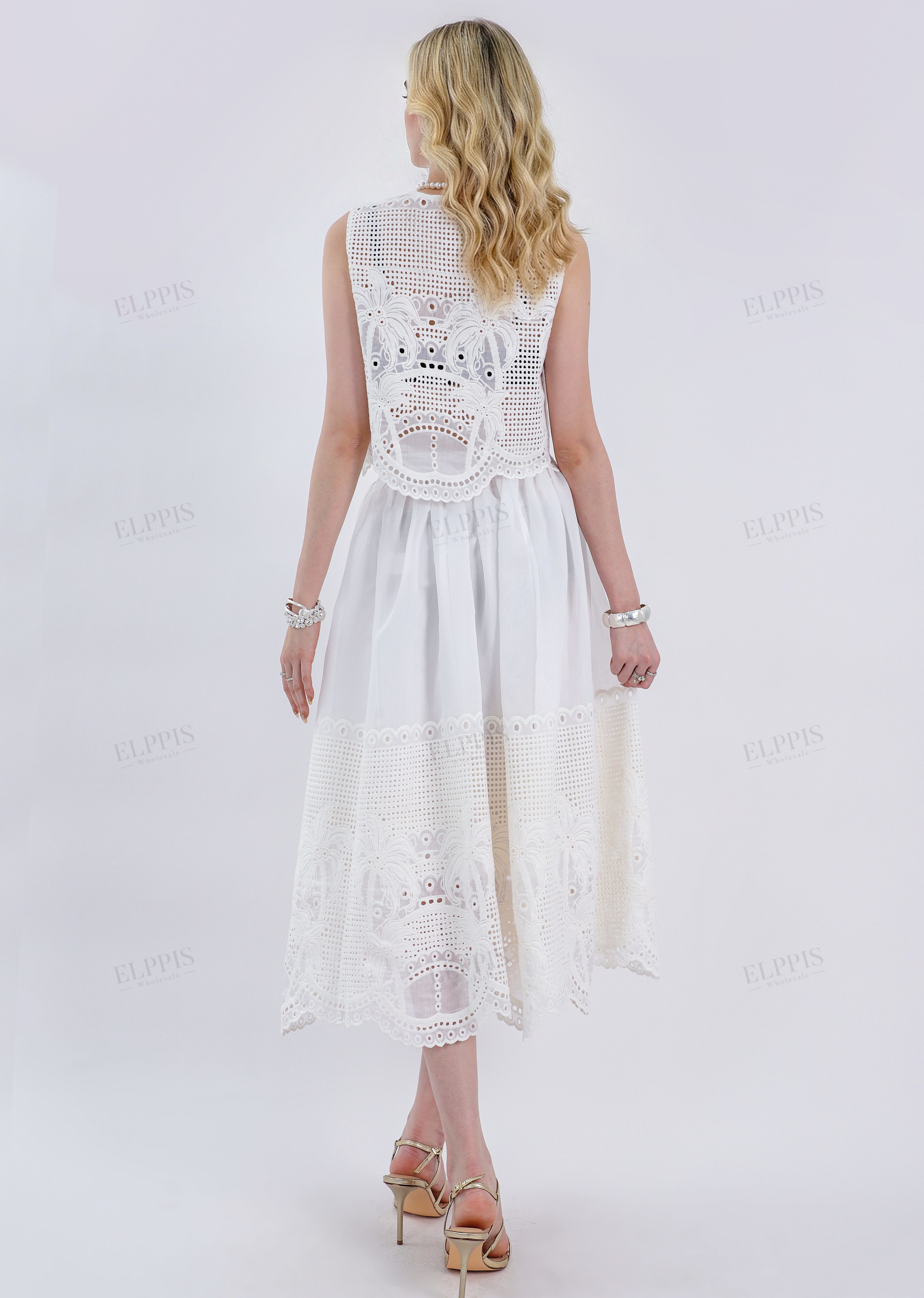 White Midi Skirt with Cutwork Lace Hem Detail