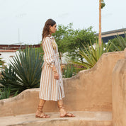 Pipe bead embroidered H-line striped long sleeve dress