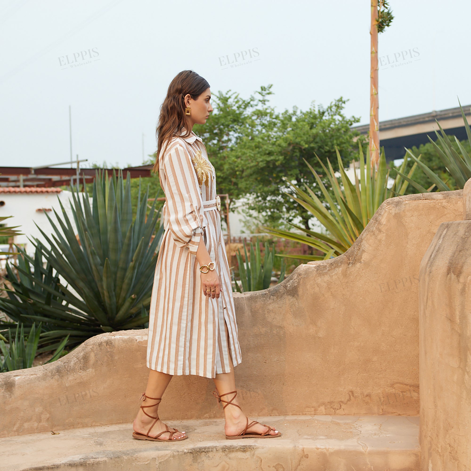 Pipe bead embroidered H-line striped long sleeve dress