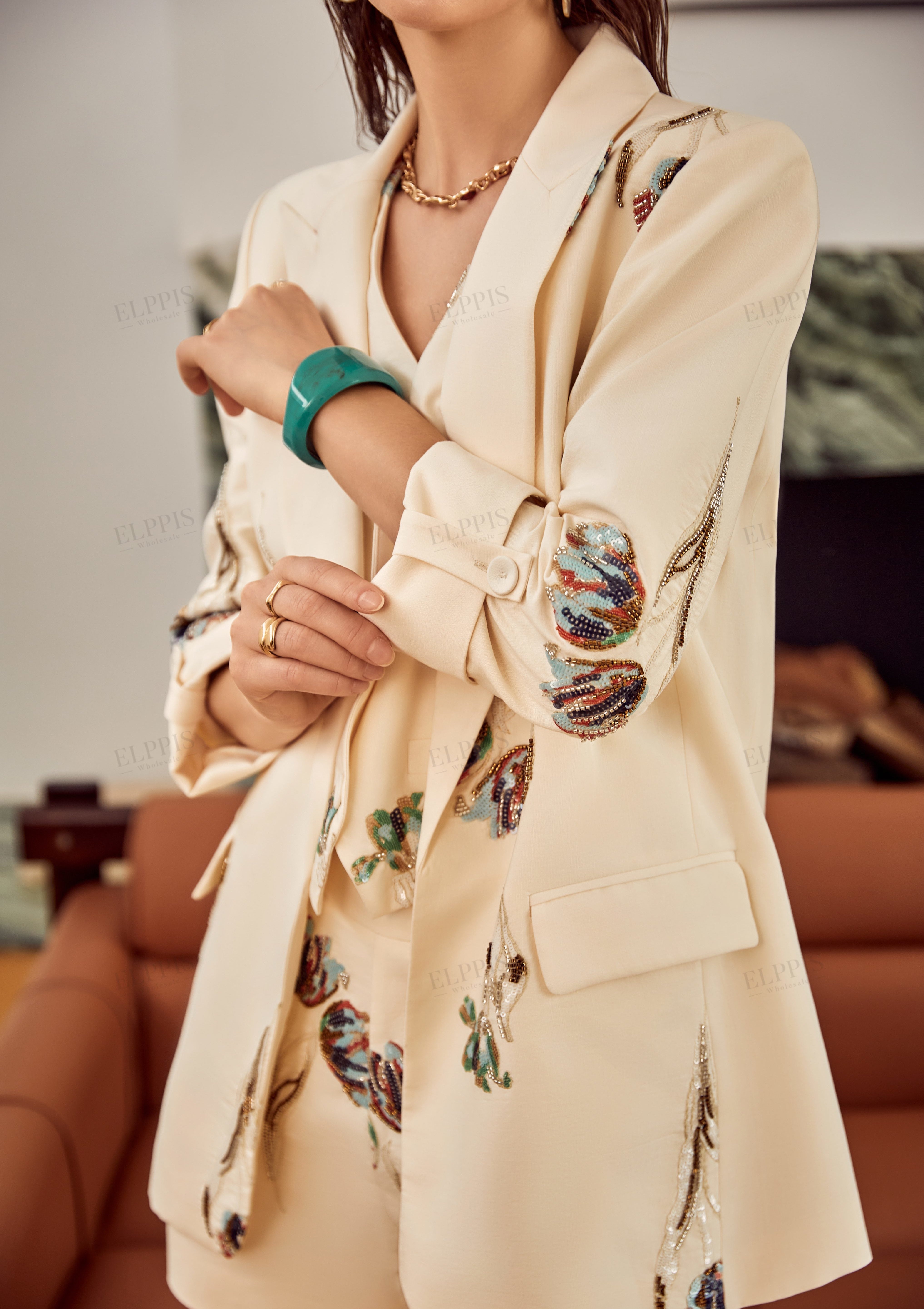 Cream Structured Blazer with Colorful Tulip Sequin Embroidery