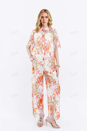 Printed Cutout Lace Short-Sleeve Shirt