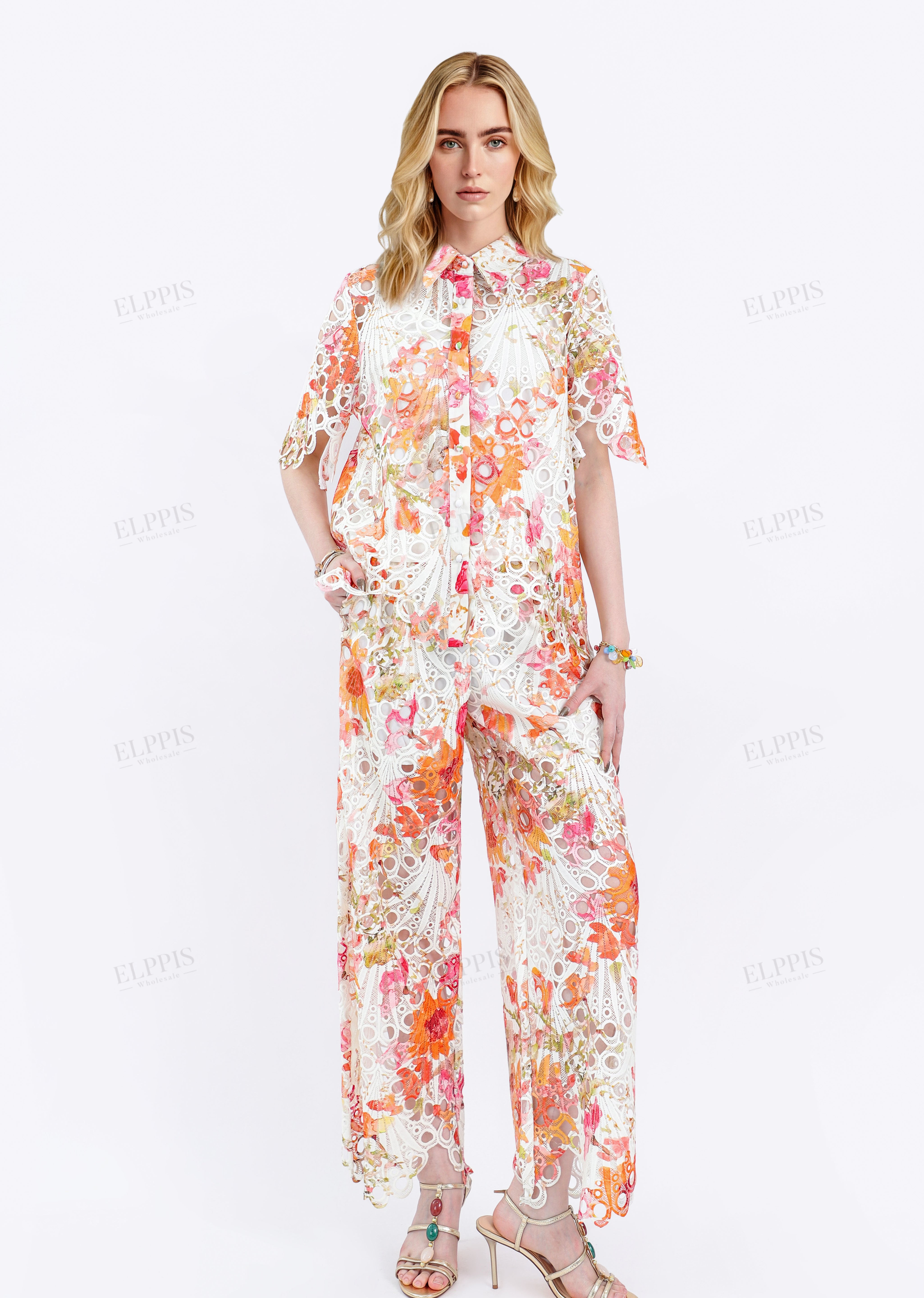 Printed Cutout Lace Short-Sleeve Shirt