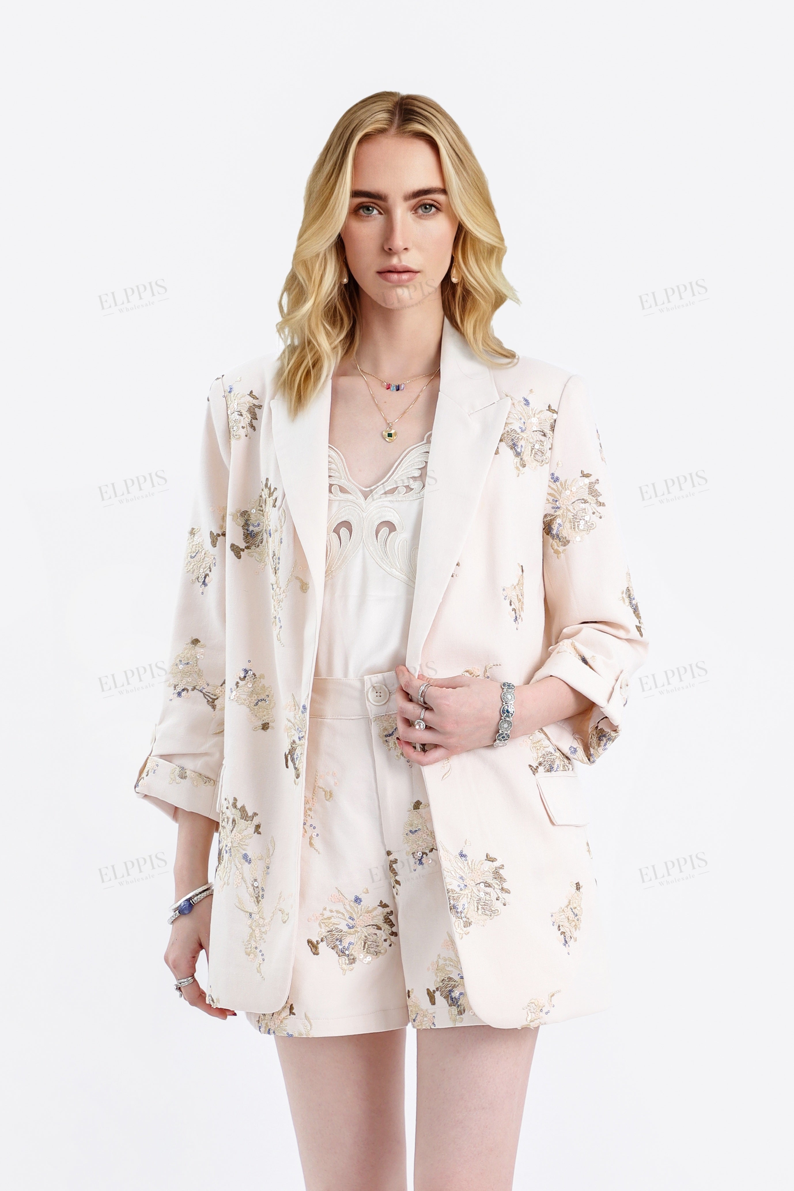 Cream Linen-Blend Sequin Floral High-Waisted Shorts