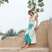 Coconut tree print A-line cotton-linen maxi camisole dress