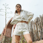 Embroidered cotton-linen O-line long sleeve maxi shirt
