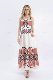 Cream Sleeveless Maxi Dress with Red & Black Geometric Print