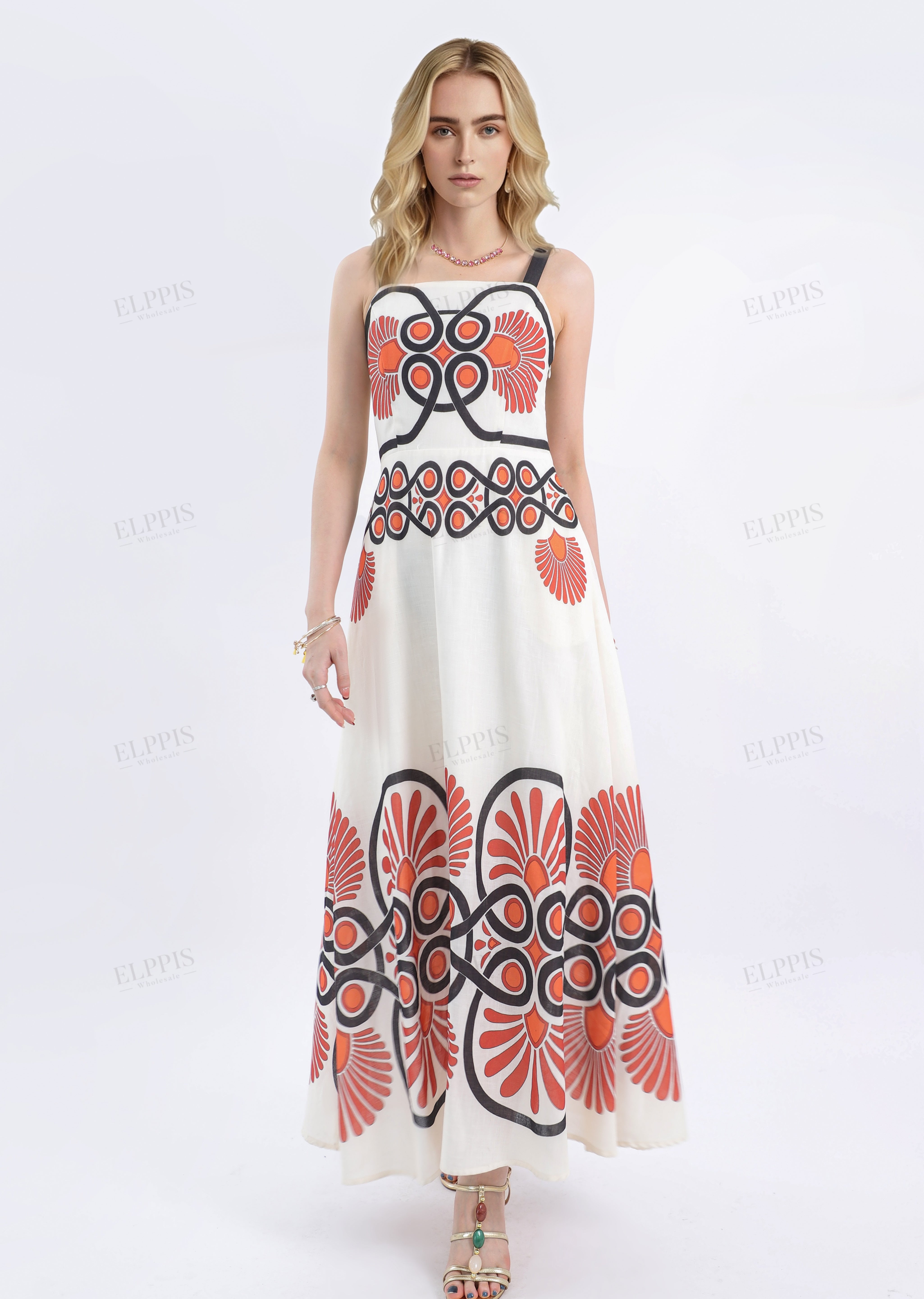 Cream Sleeveless Maxi Dress with Red & Black Geometric Print