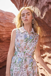 Eyelet Floral Print Sleeveless Midi Shirt Dress with Belt
