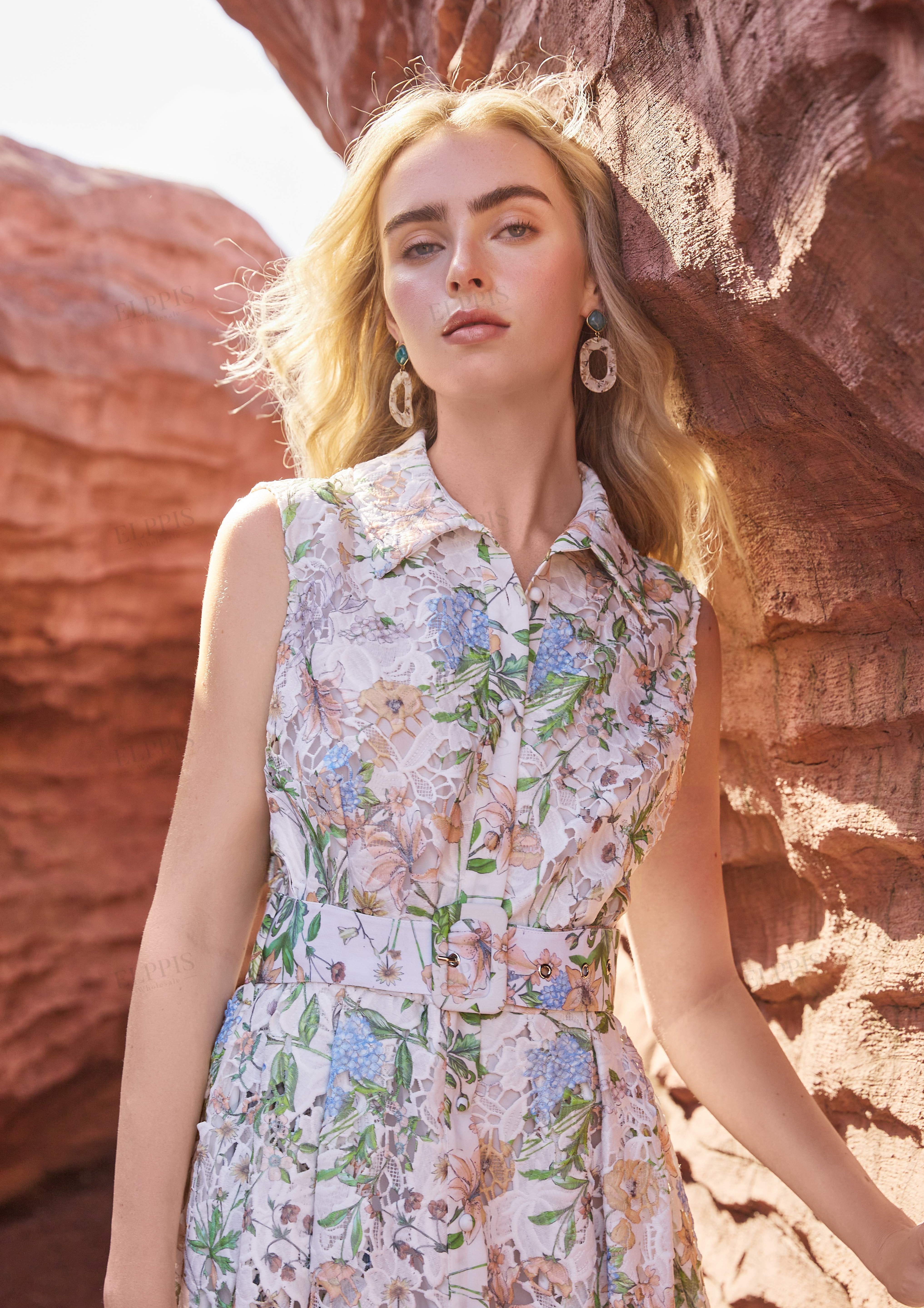 Eyelet Floral Print Sleeveless Midi Shirt Dress with Belt