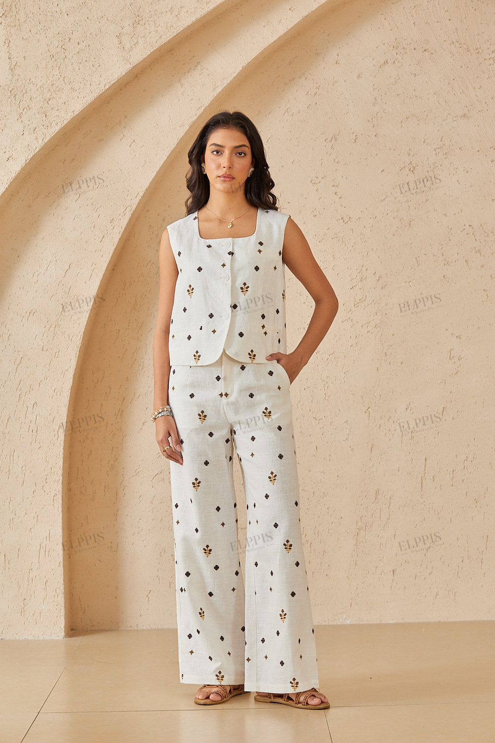 White Wide-Leg Pants with Brown & Gold Embroidered Patterns