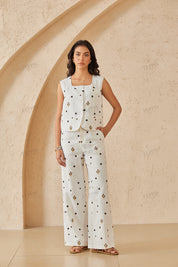 White Wide-Leg Pants with Brown & Gold Embroidered Patterns
