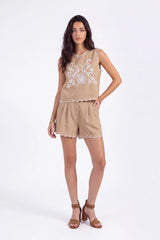 Khaki Sleeveless Linen-Blend Top with White Floral Cutwork Embroidery