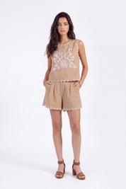 Khaki Sleeveless Linen-Blend Top with White Floral Cutwork Embroidery on model, studio view 4 – Elppis 1B5D06988WW