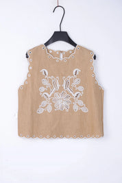 Khaki Sleeveless Linen-Blend Top with White Floral Cutwork Embroidery product view – Elppis 1B5D06988WW