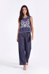 Navy Sleeveless Blouse with Black Lace Embroidery and Shoulder Detail