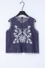 Navy Sleeveless Blouse with Black Lace Embroidery and Shoulder Detail product detail 1 – Elppis 1B5D06989WW