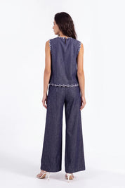 Navy Sleeveless Blouse with Black Lace Embroidery and Shoulder Detail on model, studio view 3 – Elppis 1B5D06989WW