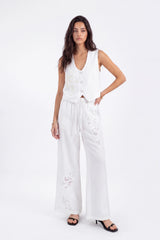 White Cropped Vest with Floral Cutwork Embroidery and Pearl Buttons
