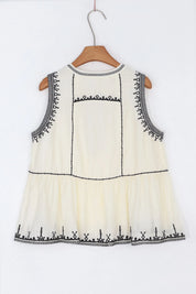 Cream Sleeveless Top with Black Embroidered Trim product detail 1 – Elppis 1B5E08923WW