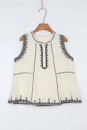 Cream Sleeveless Top with Black Embroidered Trim product view – Elppis 1B5E08923WW