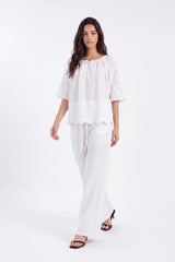 White Blouse with Crochet Lace Accents and Bell Sleeves