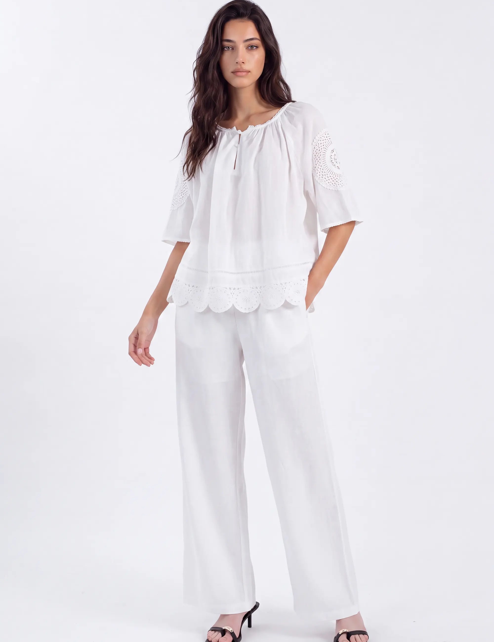 White Blouse with Crochet Lace Accents and Bell Sleeves on model, studio view 2 – Elppis 1B5E09168WW-01CM