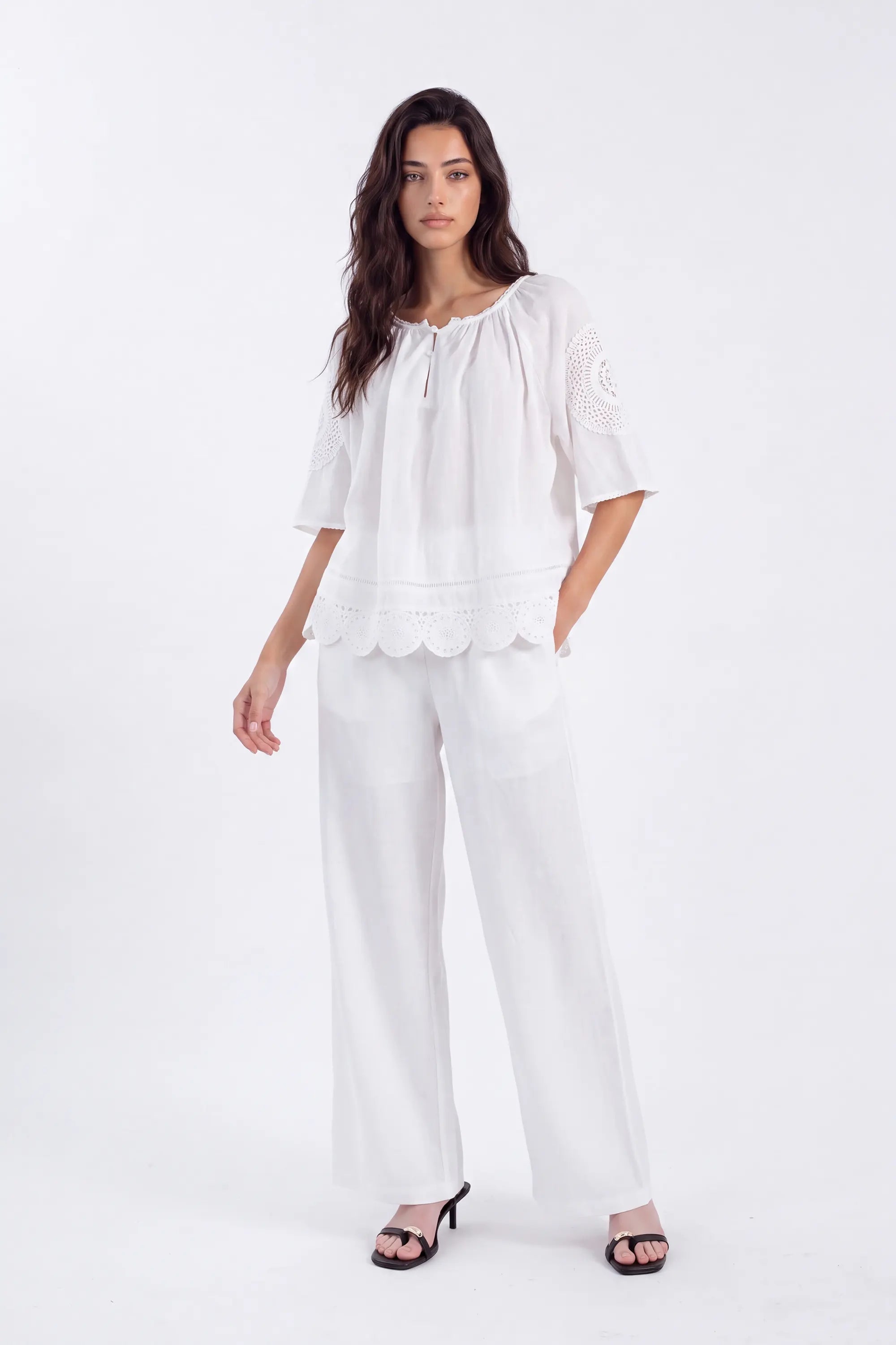 White Blouse with Crochet Lace Accents and Bell Sleeves on model, studio view 2 – Elppis 1B5E09168WW-01CM