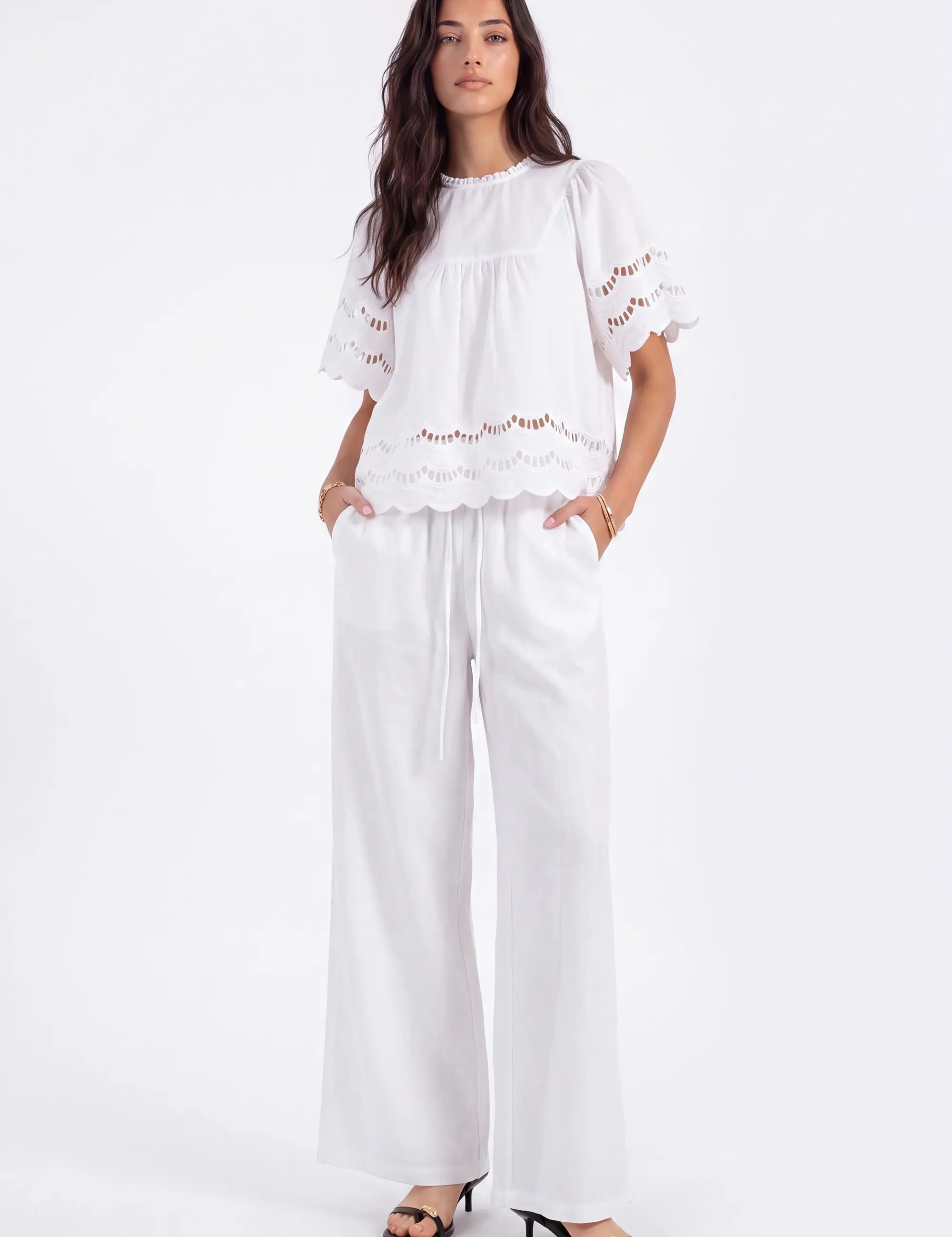 White Short-Sleeve Blouse with Cutwork Embroidery and Ruffled Hem on model, front view – Elppis 1B5E09174WW-01CM