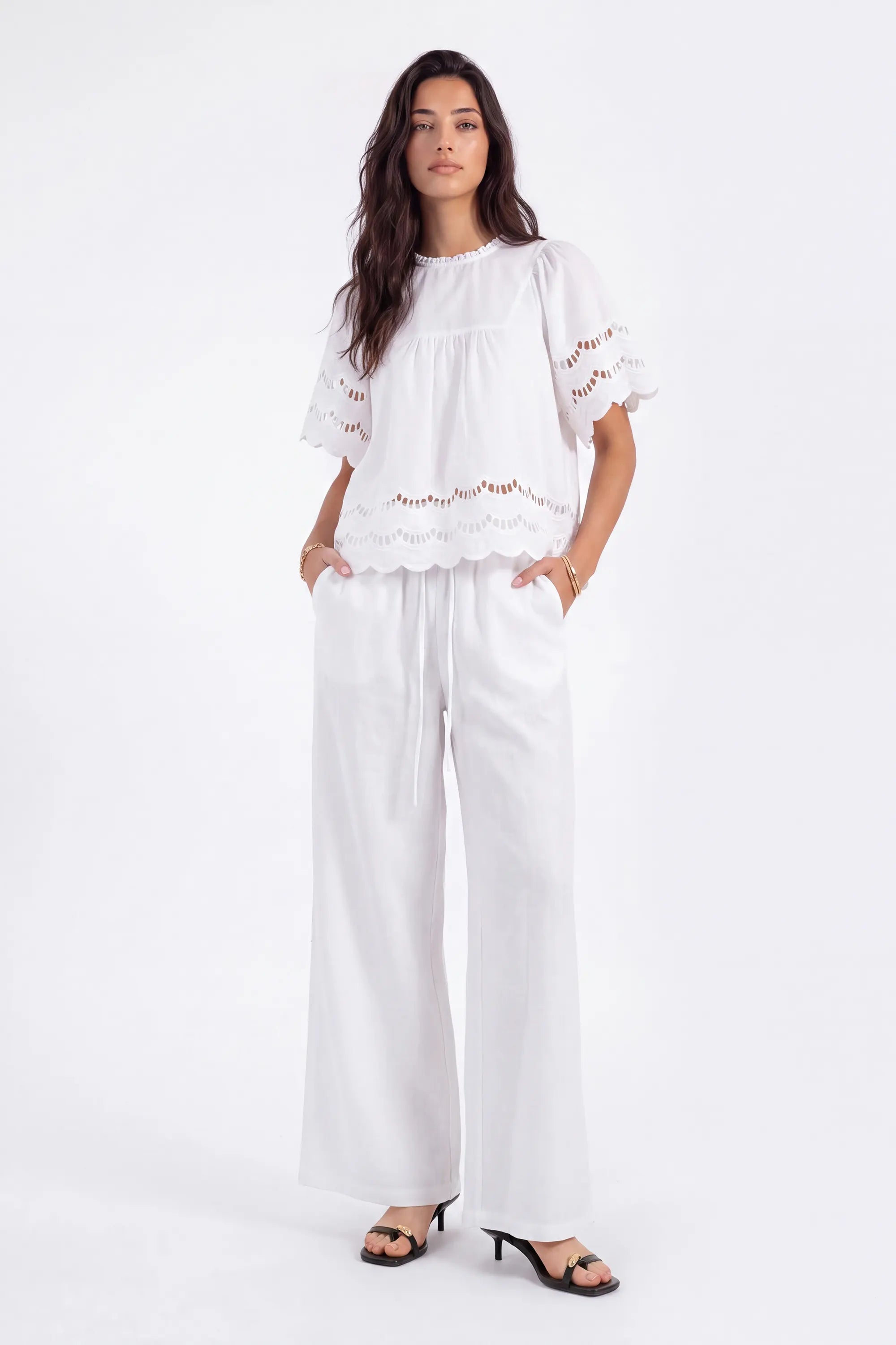 White Short-Sleeve Blouse with Cutwork Embroidery and Ruffled Hem on model, front view – Elppis 1B5E09174WW-01CM