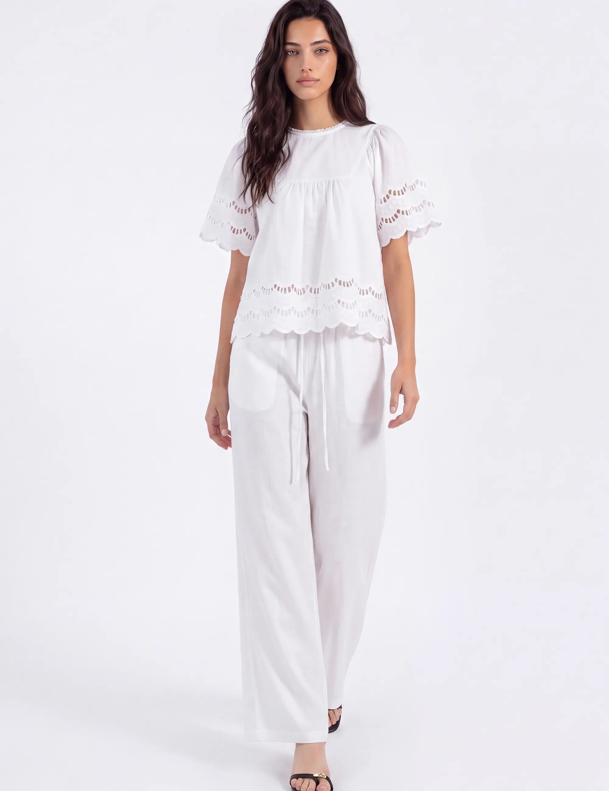 White Short-Sleeve Blouse with Cutwork Embroidery and Ruffled Hem on model, studio view 2 – Elppis 1B5E09174WW-01CM