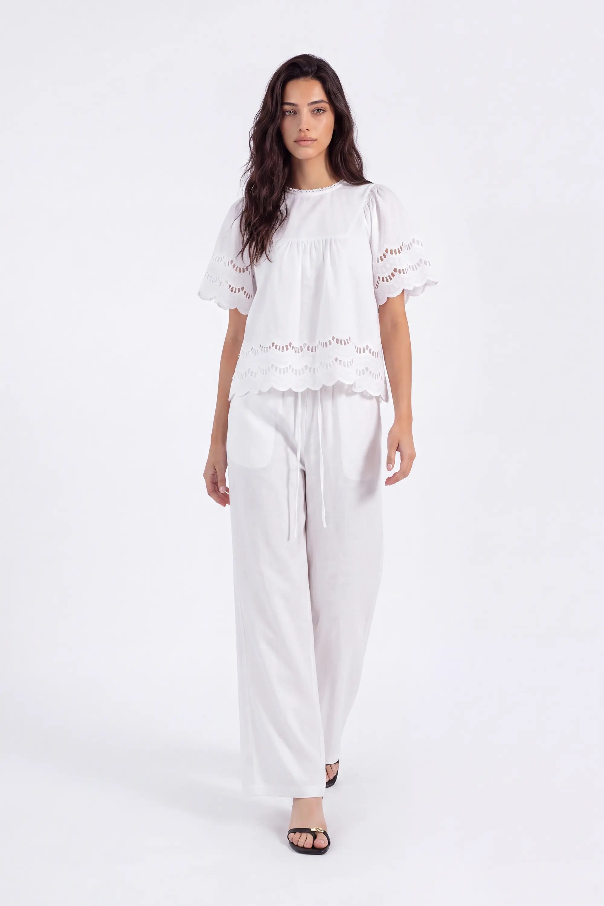 White Short-Sleeve Blouse with Cutwork Embroidery and Ruffled Hem on model, studio view 2 – Elppis 1B5E09174WW-01CM