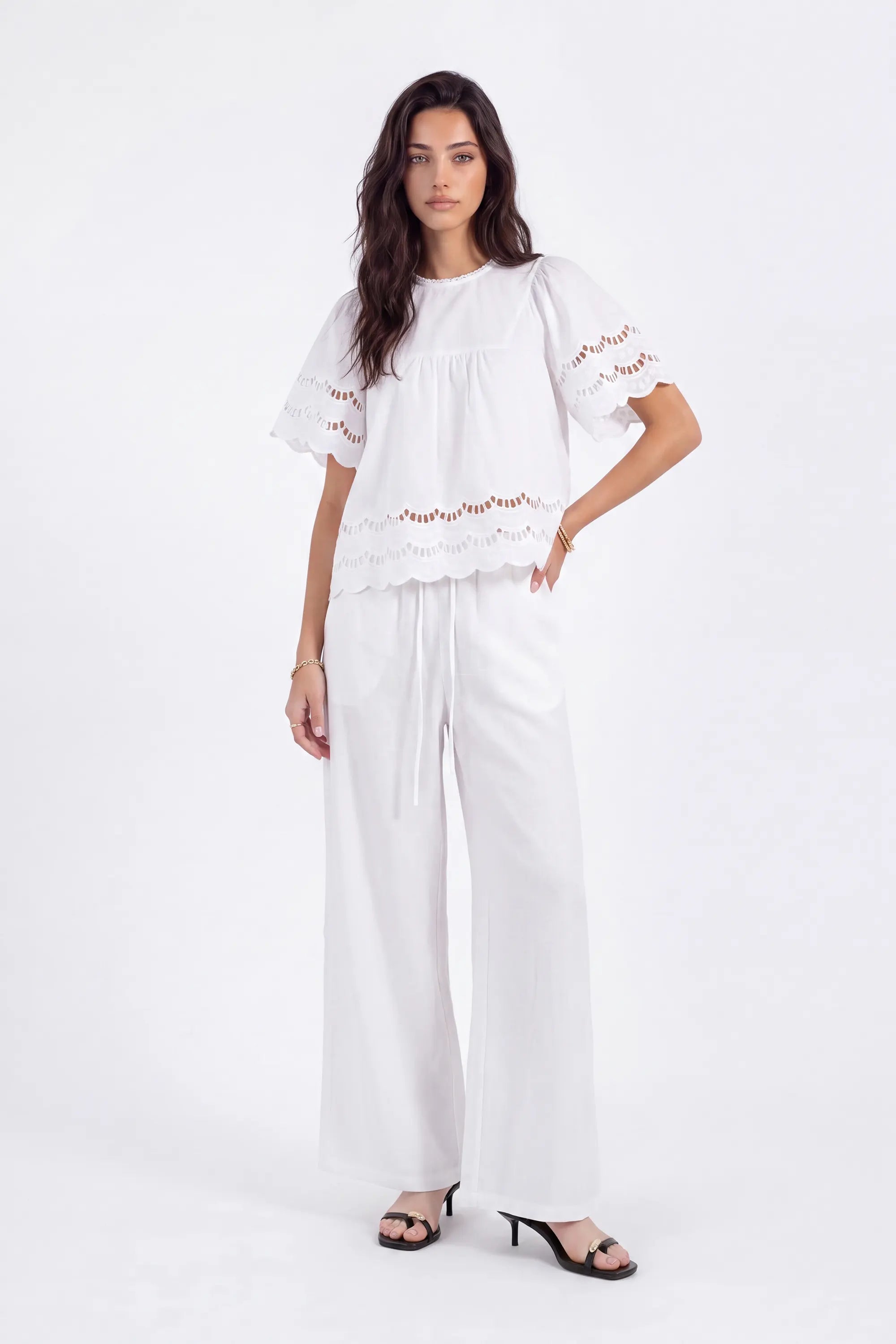 White Short-Sleeve Blouse with Cutwork Embroidery and Ruffled Hem on model, studio view 3 – Elppis 1B5E09174WW-01CM