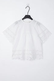 White Short-Sleeve Blouse with Cutwork Embroidery and Ruffled Hem product view – Elppis 1B5E09174WW-01CM